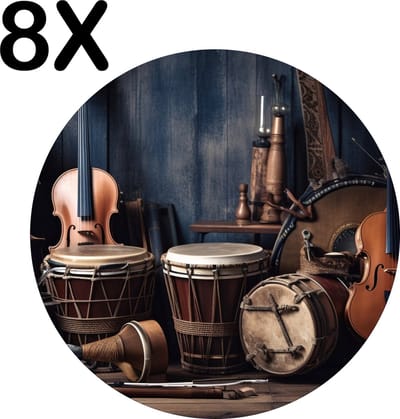 Luxe Ronde Placemat - Vintage Instrumenten - Muziek - Set van 8 Placemats - 50x50 cm - 2 mm dik Vinyl - Anti Slip - Afneembaar