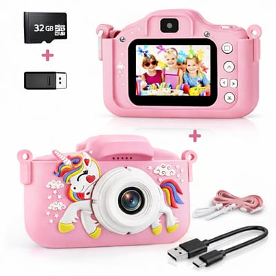 Zentavo® Roze Digitale Kindercamera – 12MP Kids Camera met Selfie-Lens en 32GB SD-kaart – Valbestendige Silicone Body – Leuk Cadeau voor Jongens & Meisjes – 1080p Video