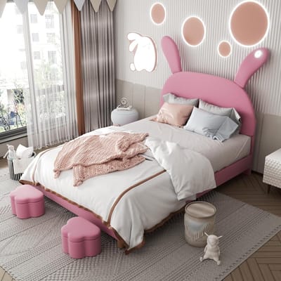 Tienerbed 140x200 Roze Gestoffeerd met Opbergbankjes en Verstelbaar Hoofdeinde