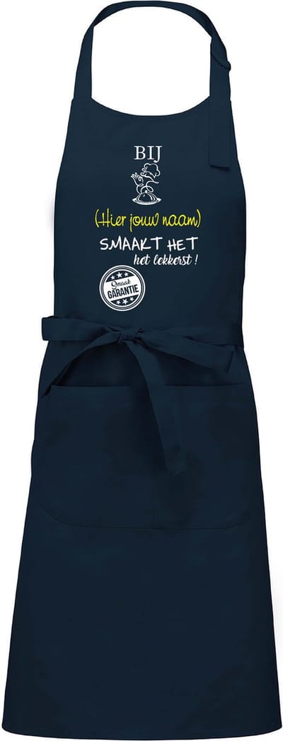 Naamcadeau - Naamschort - Keukenschort met naam - BBQ schort - verjaardag - Vaderdag - Het smaakt het lekkerst bij: Jongens NAAM naar keuze -navy blauw