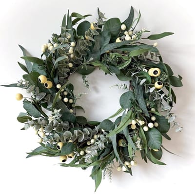 SnelShoppen - Groene Krans voor Voordeur 60 cm, Eucalyptusbladeren en Witte Bessen, Decoratie voor Binnen en Buiten, Boerderij, Veranda, Muur, Raam, F