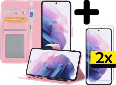 Hoesje - Met 2x Screenprotector - Geschikt voor Samsung Galaxy S21 - Luxe Pasjeshouder - Bookcase Portemonee - Flip Case - Kunstleer Book Case - Flipcase Hoes - Book Cover - Walletcase - Portemonneehoes - Telefoonhoesjes - Lichtroze
