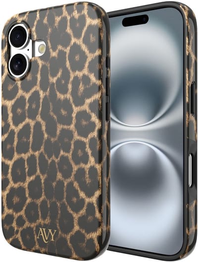 AVY Hoesje Met Telefoonkoord | Geschikt voor Apple iPhone 16 | Compatibel met MagSafe | Hard Shell Back Cover | Stijlvol Bijpassend Koord 30CM | Panther Hearts | Bruin