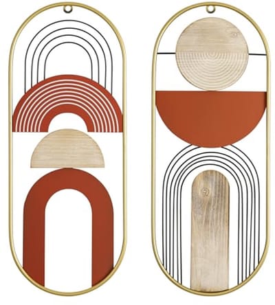 Set van 2 moderne wanddecoraties van staal en hout voor woonkamer en slaapkamer