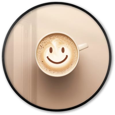 Poster in lijst Rond - Fotolijst 60x60 cm - Posters - Koffie - Melkschuim - Lach - Beige - Ronde posterlijst zwart - Decoratie - Wanddecoratie woonkamer - Muurdecoratie slaapkamer