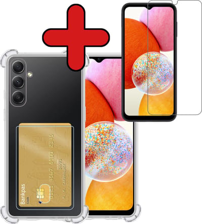 Hoesje - Geschikt voor Samsung Galaxy A14 - Met Screenprotector - Pashouder - Kaarthouder - Back Cover - Telefoon Hoes Shockproof - Siliconen Case - Shock Proof - Pasjes Houder - Telefoonhoes - Transparant