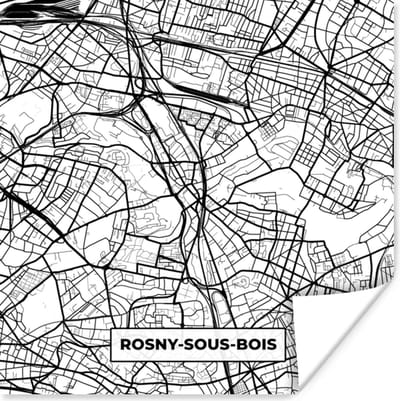 Poster Plattegrond - Rosny-sous-Bois - Kaart - Frankrijk - Stadskaart - Zwart wit - 100x100 cm XXL