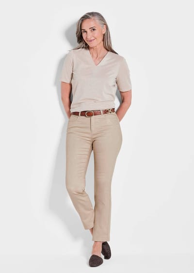 Gedessineerde broek CARLA met glanzende bloemenprint - beige / gedess. - Gr. 38 van Goldner Fashion