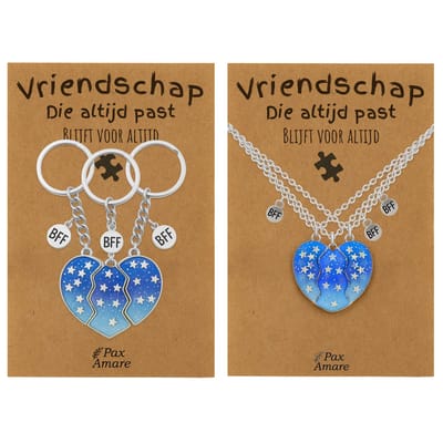 BFF Ketting + Sleutelhanger voor 3 'Vriendschap die altijd past' - Magnetisch Blauw Hartje - Bundel op Cadeau Kaartje - Zilverkleurig - Vriendschap Symbool - Pax Amare