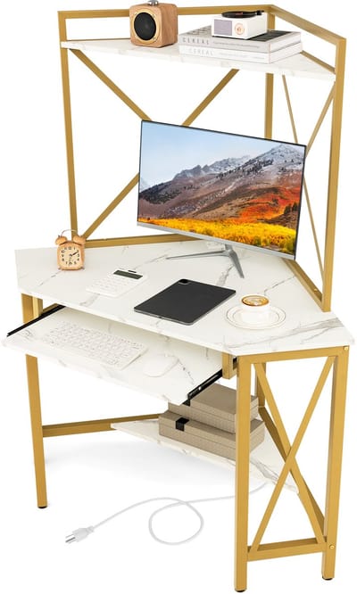 COSTWAY Bureau met laadstation, hoekcomputertafel met toetsenbordplank en 2 planken, metalen frame, werktafel voor thuiskantoor, 80 x 80 x 145 cm
