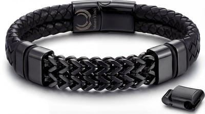 Armband heren leer zwart - Schakelarmband staal zwart - Mauro vinci® Hera - 19cm tot 21.5cm verstelbaar - Met luxe verpakking