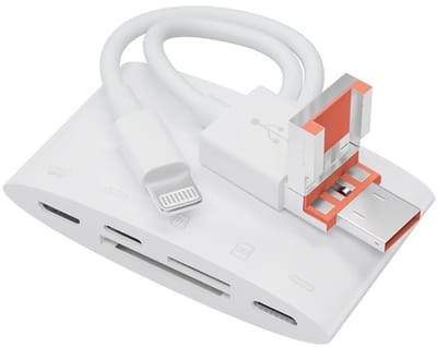 5 IN 1 - 8-Pin + USB-C + USB naar USB-C + 8-Pin + Micro-USB + SD + Micro SD (tf) kaartlezer adapter - geschikt voor iPhone en laptop - multifunctioneel - wit