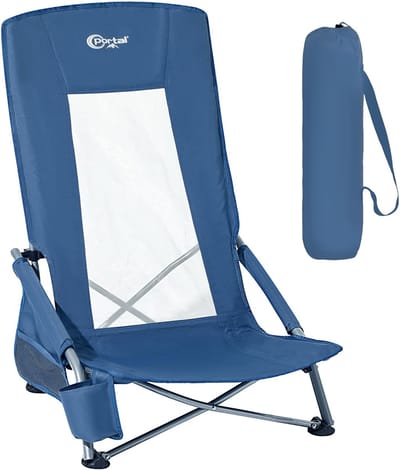 SnelShoppen - Inklapbare Strandstoel met Hoge Rugleuning, Lichte Campingstoel, Opvouwbaar, 150 kg, Ademend Weefsel, Draagbaar met Draagtas en Bekerhou