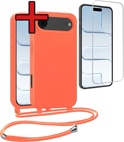 Hoesje Geschikt voor iPhone Air Hoesje Siliconen Case Met Koord Met Screenprotector - Hoes Geschikt voor iPhone Air Hoesje Backcover Met Telefoonkoord - Papaya