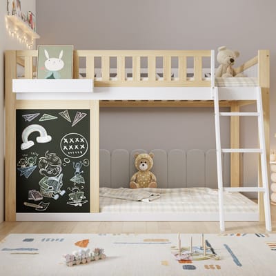 MODFU Kinderstapelbed 90x200 cm – Met krijtbord & opbergruimte – Veiligheidshek – Verstelbare onderbedlade – Wit/naturel
