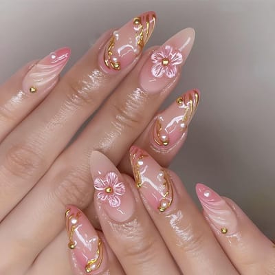 Set van 24 Druknagels in 12 Maten met 3D Bloemen en Franse Afwerking voor Lange Valse Nagels, Ideaal voor Bruiloften, Feestjes en Dagelijks Gebruik, Roze