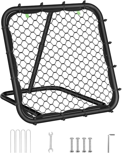 SONGMICS Rebounder Draagbare voetbalrebounder voor kinderen, voetbaldoel met stalen frame, in hoek verstelbaar, snelle montage, voor tuin, park, strand, inktzwart