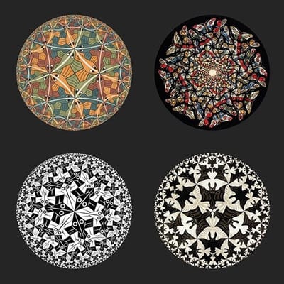 Glazen onderzettersset: 4 stuks van glas in een metalen houder met Escher's Cirkels-afbeeldingen, Ø 10 cm, in een stijlvolle geschenkdoos