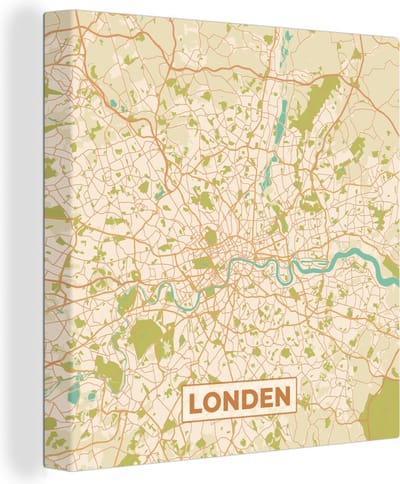 Canvas Schilderij Londen - Stadskaart - Plattegrond - Vintage - Kaart - 20x20 cm - Wanddecoratie