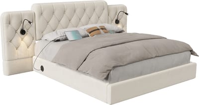 VVBV Hydraulisch Opbergbed 160x200 cm - Hydraulische Opbergruimte, Bureau, Hoofdbord, Leeslamp, USB - Fluweel Beige