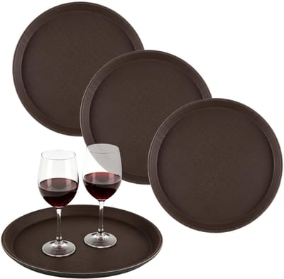 Set van 4 antislip serveerplaten rond, 28 cm bruin kunststof dienbladen voor horeca en catering
