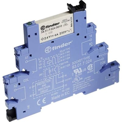 Finder 38.61.0.024.0060 Relaismodule (modulair) Nominale spanning: 24 V/DC, 24 V/AC Schakelstroom (max.): 6 A 1x wisselcontact 1 stuk(s)