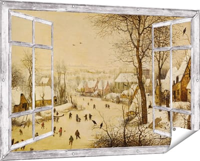 Gards Tuinposter Doorkijk Winterlandschap met Schaatsers en Vogelknip - Pieter Bruegel de Oude - 150x100 cm - Tuindoek - Tuindecoratie - Wanddecoratie buiten - Tuinschilderij