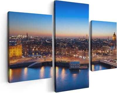 Artaza Canvas Schilderij Drieluik Amsterdam Centrum In De Nacht - 90x60 - Foto Op Canvas - Canvas Print