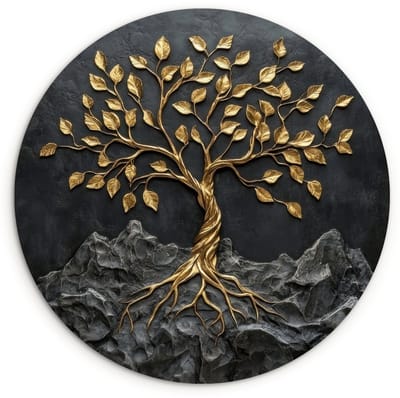 WallCircle® Wandcirkel 120x120 cm - Muurcirkel Bladeren - Goud - Boom - Rots - Muurdecoratie woonkamer - Wanddecoratie slaapkamer - Kamer decoratie accessoires - Ronde schilderijen XXL