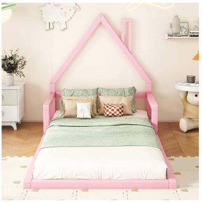 Kinderbed - MUVOE - 90x200cm - Massief grenenhout - Huisvorm - Roze roze