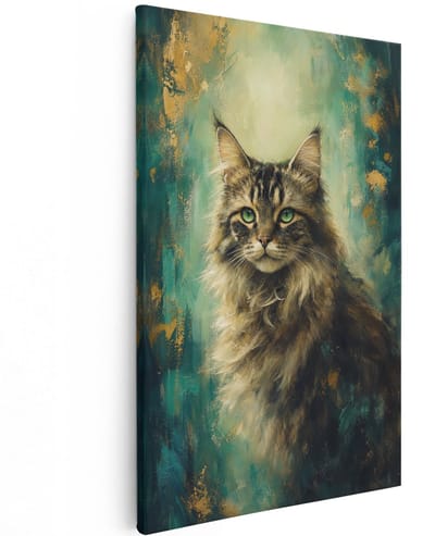 Artaza Canvas Schilderij Kat Portret - Abstract - Groen en Goud - 80x120 cm - Groot - Wanddecoratie Woonkamer - Schilderijen - Muurdecoratie