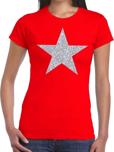 Glitter and glamour ster T-shirt - zilver glitters - rood - dames - Verkleedkleding - Feestkleding XS