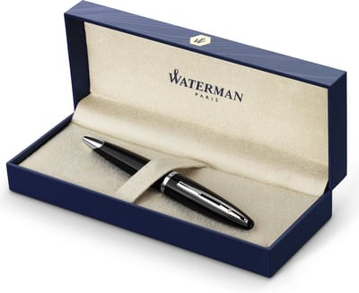 Waterman Carène Zwarte zee balpen | hoogglans zwart met palladium beklede afwerking | mediumpunt met blauw inktpatroon | geschenkverpakking