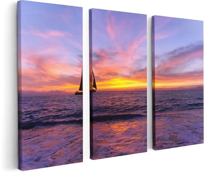 Artaza Canvas Schilderij Drieluik Zeilboot Silhouet bij Zonsondergang - 120x80 - Foto Op Canvas - Canvas Print