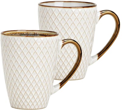 Secret de Gourmet Koffiemokken Marbella - 2x stuks - Keramiek - wit/goud - 300 ml - 8 x 11 cm - Luxe uitstraling