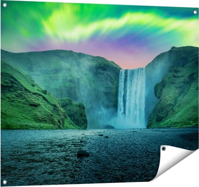 Gards Tuinposter Waterval met het Groene Noorderlicht - 100x80 cm - Tuindoek - Tuindecoratie - Wanddecoratie buiten - Tuinschilderij