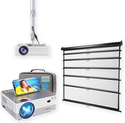 UpLiving® LCD Mini Beamer met Behuizing | Behuizing Zwart en 236cm Breed | 100 inch 16:9 | projectiescherm en beugel | Met WiFi | Met Bluetooth | Native Full HD | 10.000:1 Contrastratio | 8.000 Lumen | Projector - Afstandsbediening - Draagtas