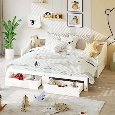 Slaapbank Uitschuifbaar - Bank Bed - Ruimte Besparen - Massief Houten Frame - 90/180x200CM - Wit
