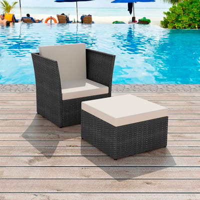 vidaXL - Tuinstoel - met - voetenbank - poly - rattan - zwart