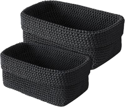 2 stuks, opvouwbare gehaakte mand, kleine manden voor badkamer, slaapkamer en kantoor, 29 x 15 x 18,5 cm en 21 x 13 x 15,5 cm (zwart)