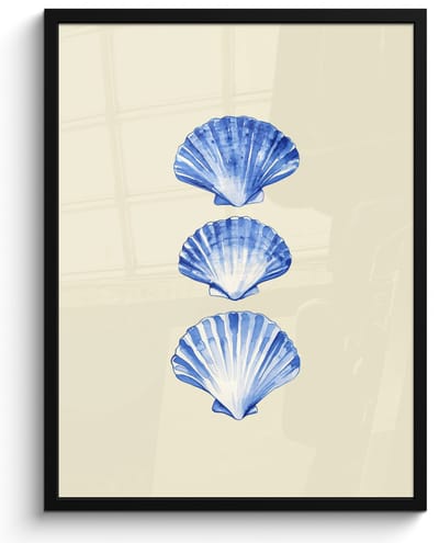 Poster in lijst - Fotolijst 60x80 cm - Posters - Schelpen - Blauw - Beige - Posterlijst zwart - Decoratie - Wanddecoratie woonkamer - Muurdecoratie slaapkamer