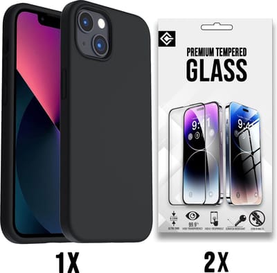 Casemania Hoesje Geschikt voor Apple iPhone 15 Zwart / 2X Glazen Screenprotector - Siliconen Back Cover