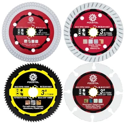 Set van 4 Diamant Doorslijpschijven voor Porselein, Tegels, Hout, Beton en Metaal - 75 mm x 10 mm
