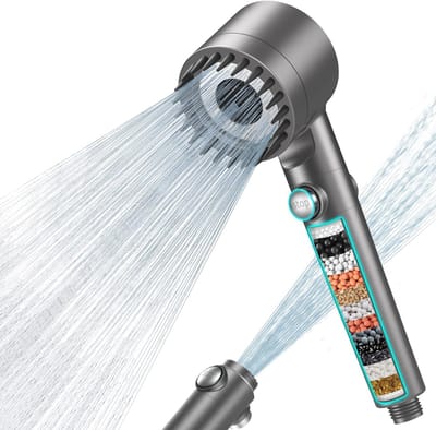 longziming -Waterbesparende Douchekop met Chloorfilter – 3 Modi, Siliconen Massage, Drukverhoging en One-Touch Stopfunctie, 25 cm – Grijs