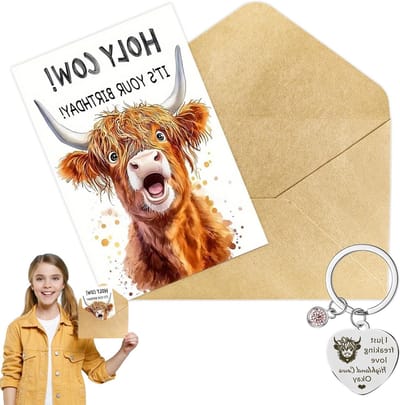 Verjaardagskaart met Highland Cow, Grappige Kaart met Sleutelhanger, Cadeau voor Vrouwen, Moeder, Vrouw, Dochter, Zus en Vriendin (Set B)