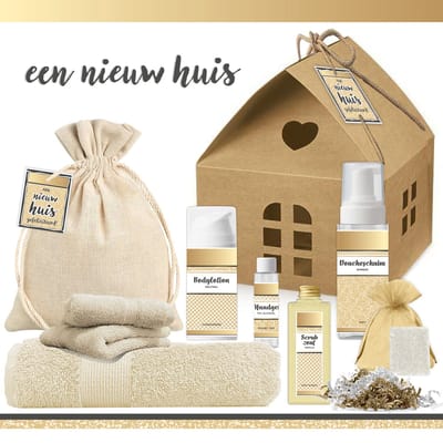 Geschenkset “Een Nieuw Huis!” - 9 producten - 800 gram | Cadeau Vrouw - Cadeau Man - Een nieuwe woning - Wellness Giftset Deluxe - Pakket Groot strandlaken - Cadeau appartement - Verhuispakket - Giftset Badkamer Vrouw - Housewarming Party Gift - Goud
