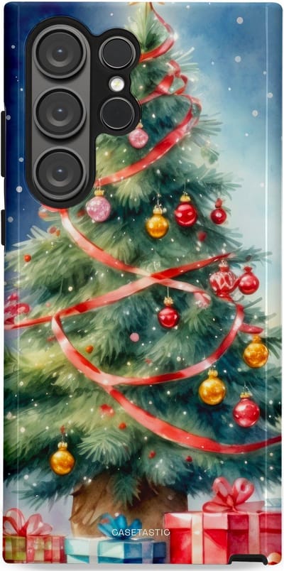 Casetastic hoesje geschikt voor Samsung Galaxy S23 Ultra - Dubbellaagse bescherming - Aquarel Kerstboom Cadeau - Fashion Case - Grijs Donkerblauw Saliegroen Beige