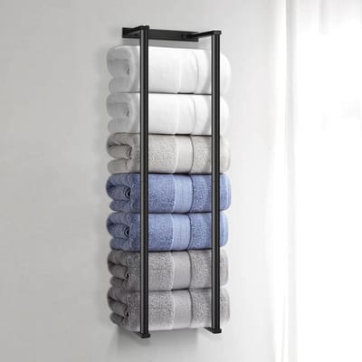 Famanu - Handdoekenrek zonder te hoeven boren, zwart, roestvrij staal, gastendoekhouder, houder voor aan de wand van de badkamer, hoge capaciteit, 73 cm