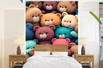 Behang - Fotobehang Knuffelbeer - Knuffel - Roze - Blauw - Bruin - Kind - Breedte 165 cm x hoogte 220 cm