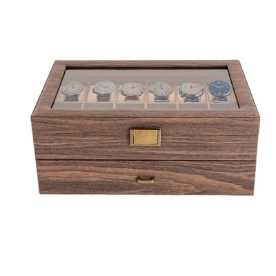 Horlogekast – Voor Horloges en Accessoires – 24 Vakjes, 2-laags met Glazen Deksel – Bruin, Hout